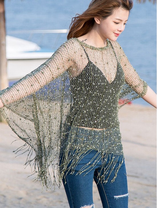 Crochet Knit Sleeved Top with Fringe